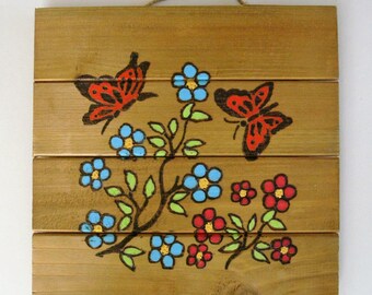 Rustic Wood Burned Wood Plaque, Rustic Wood Butterfly and Flower Picture, Handmade, Wall Hanging, Wall Decor, Bedroom Picture, Living Room