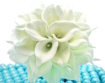 White Wedding Bouquet - Two Dozen Real Touch Artificial Calla Lilies - Select Ribbon and Pin Colors