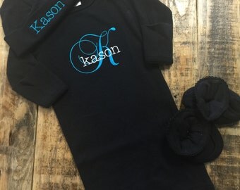 Personalized Embroidered Newborn Boy Coming Home Outfit, Newborn Gown, Beanie and booties