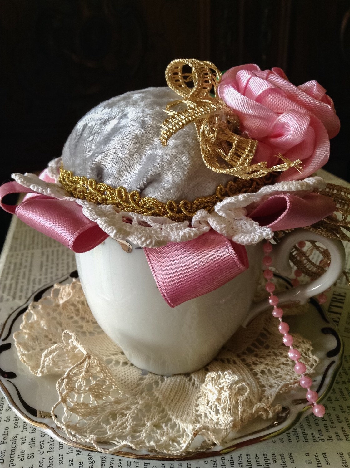 Vintage Tea Cup Pin Cushion Altered Tea Cup Vintage Altered