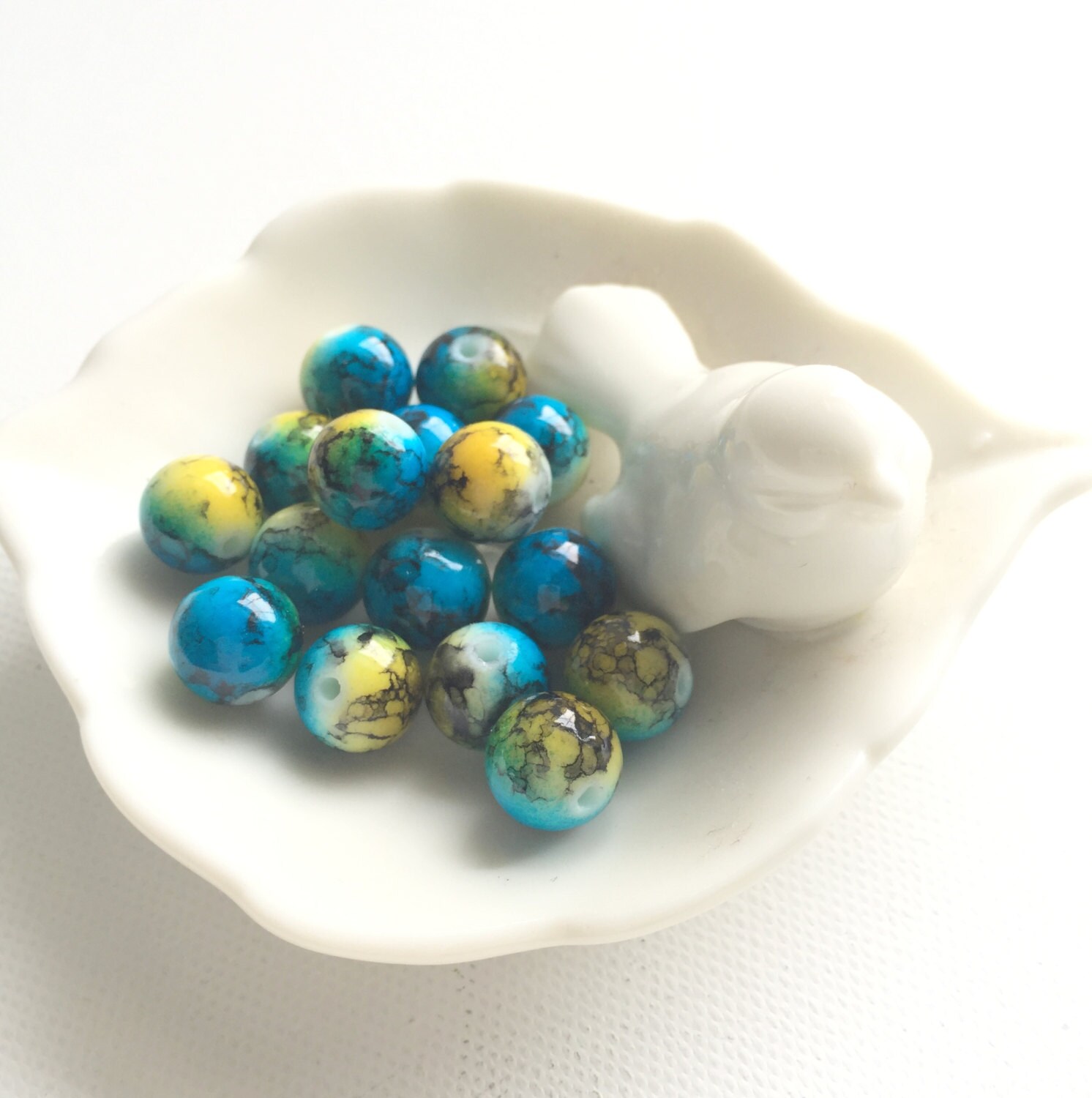 Blue Glass Beads Paint Splattered Beads 10 mm 30 Beads