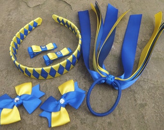 School Hair Accessories,Bobbles, Clips, Ponytail streamer, Royal Blue, Yellow,Purple, Gold, School Set, Woven Headband, Hair Bows