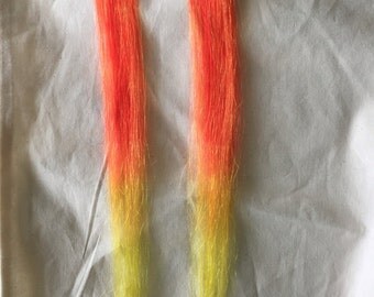 2 x 1" wide 19" long human hair extensions clip in orange fade to yellow candy corn . Cute festival fun sunshine hippy happy dance . Scene