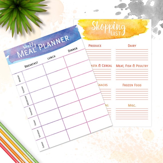 Watercolour Printable Meal Planner with by BlondeCoffeePrints