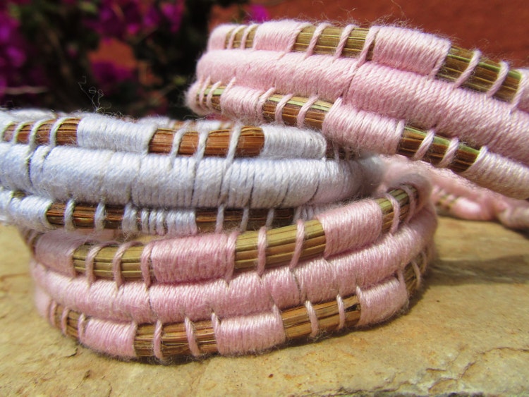 Pink and White Pine Needle Bangle Bracelet Set by BasketsfulOfJoy