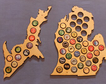 Michigan Craft Beer Cap Map, Gifts for Him, Natural Birch finish