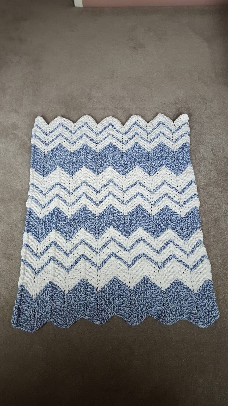 Unique Hand Knit Baby Blanket in Blue Chunky by BlanketsByGrammy