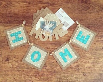 HOME burlap bunting kit, bunting kit, burlap bunting kit, make your own bunting kit, rustic bunting, applique bunting kit, make your own kit