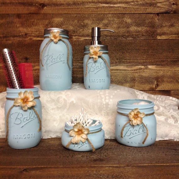 Items similar to Mason Jar Bathroom Set, Shabby Chic, Mason Jar with ...