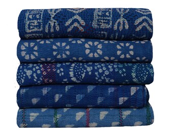 5 Piece Lot Vintage Indigo Kantha Quilt Blue Color Kantha Throw Reversible Kantha Quilt