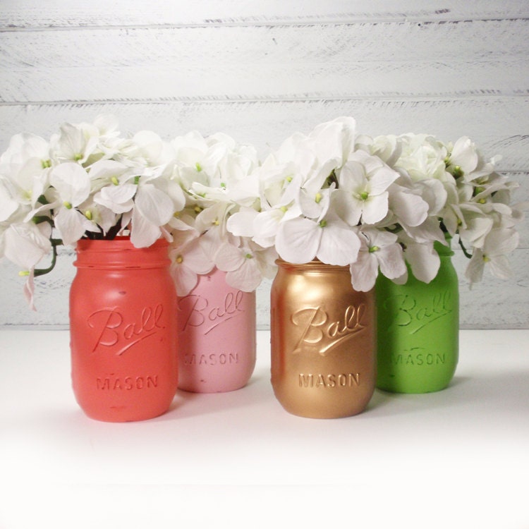 4 Hand Painted Pint Mason Jar Flower By Vintagebloomsjarco On Etsy