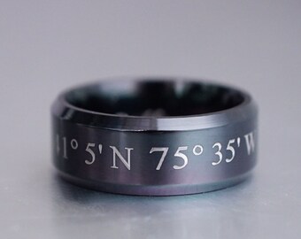Engraved Ring, Custom Coordinates Ring, Latitude Longitude Ring, Personalized Ring For Him, Black Stainless Steel Ring, Location Ring