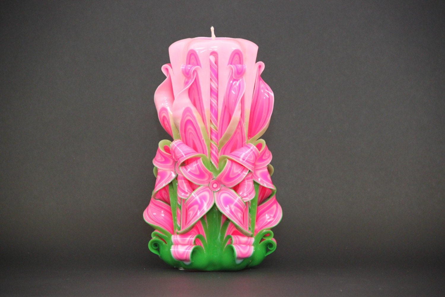 Big bright Pink and Green candle Carved candles Gift ideas