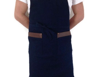 Mens apron, jeans apron, kitchen apron, unisex apron, two pocket apron, BBQ apron, Chef apron in navy stretch denim