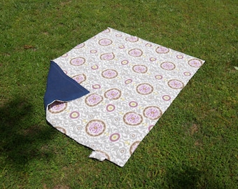 Purple, Yellow, Gray Floral Picnic Blanket, Roll up Ties