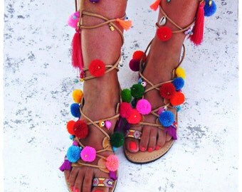Tie up gladiator sandals,Boho sandals,leather sandals,handmade sandals,Greek sandals,tie up sandals,pom pom sandals