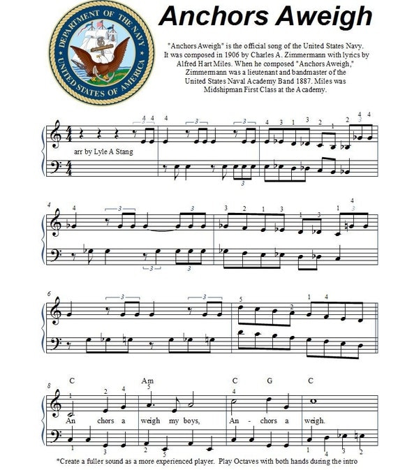Items similar to Anchors Away piano sheet music for early years on Etsy