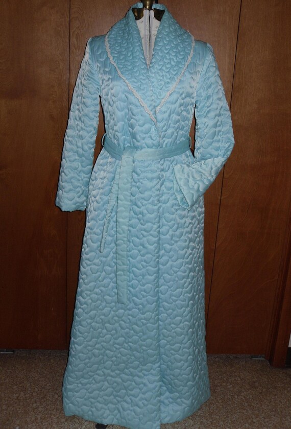 Vintage Aqua Quilted Robe Ladies Small Long Comfy Robe Like