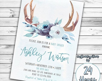 Boy Baby Shower Invitation, Woodland Baby Shower, Deer Baby Shower, Boho, Antler, Oh Deer, Oh Boy, Baby Boy, Tribal, Blue, Printable Invite