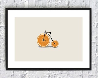Funny Bicycle print, bicycle art, kitchen print, kitchen decor, wall art, bicycle poster, kitchen poster, orange bicycle, funny orange