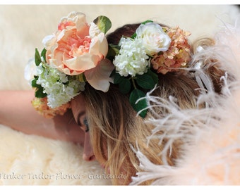 Peaches n Dream | Snowball Peony & Rose Flower Crown | Flower Hairband | Bridal Flower Circlet | Festival Flower Crown | Lana del Rey