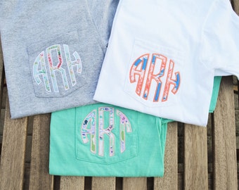 Monogram Pocket Tee, monogrammed pocket Short Sleeve t shirt, monogram pocket tshirt, Applique monogram pocket tee for women