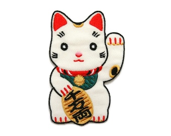 Japan Japanese Lucky Cat Embroidered Applique Iron on Patch 5.9 cm. x 8.9 cm.