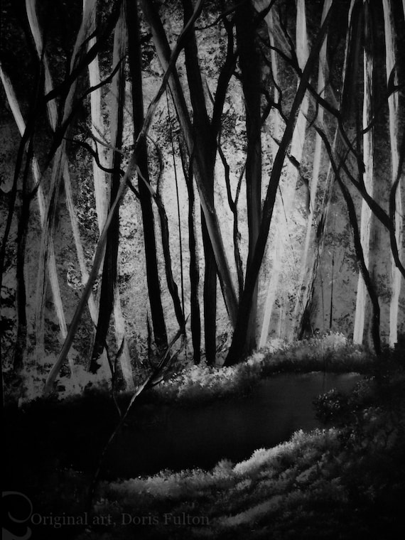 Items similar to Black Forest Original Painting 9x12, Black and White ...