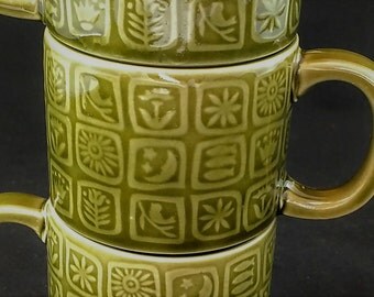 Green Pattern Nevco Stacking Cups - 1970s Vintage - Never used! Made in Japan