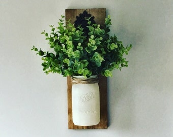 Hanging Mason Jar ( Greenery Included), Mason jar Sconce, Rustic Wall Decor