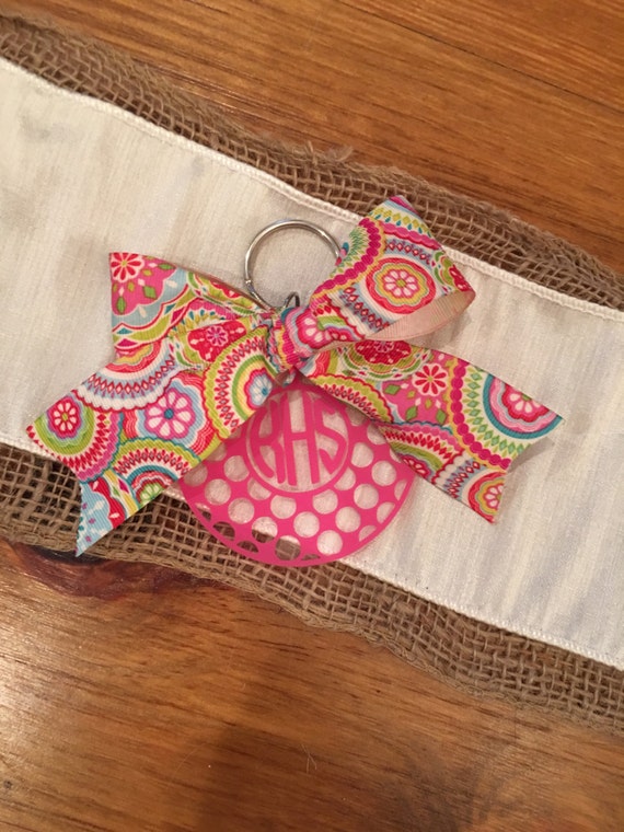 Pink Polka Dot Monogrammed Keychain with Floral Ribbon