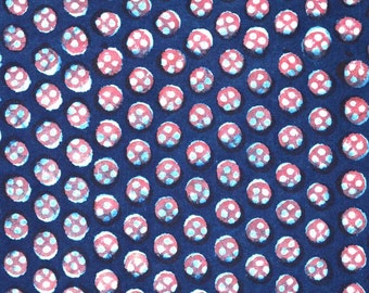 Blue, Red and White Modhal Block Printed Cotton Fabric