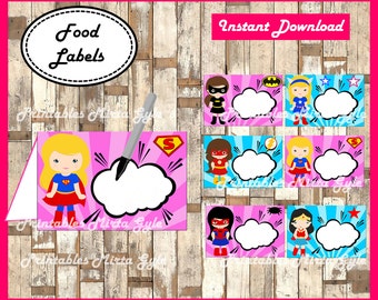 Superhero girls Food labels, printable girl Superhero party food tent cards , Superhero Pink tent cards