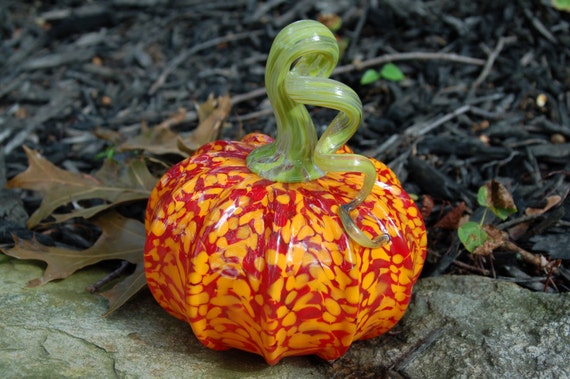 Large Red and Orange Hand Blown Glass Pumpkin with a Green