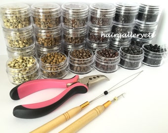 250 Silicone Micro Beads Feather Hair Extension Beads Crimp Beads Tool Kit Pliers Hook Loop USA