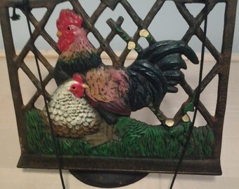 Vintage Cast Iron Rooster Chicken Cookbook or Book Holder