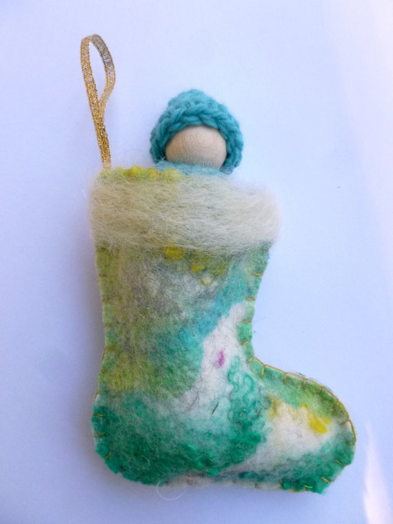 Felted wool stocking with gnome doll tree ornament Holiday peg doll