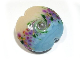 Handmade Lampwork Bead Beautiful Hue of Blue and Tan Glass Flower Garden Jumbo Lentil