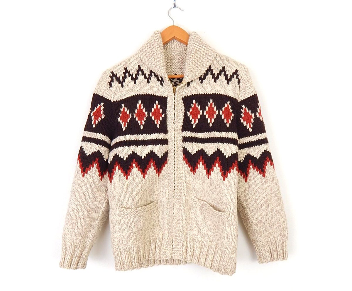 Vintage 50s Hand Knit Cowichan Sweater Unisex Tan Brown Red