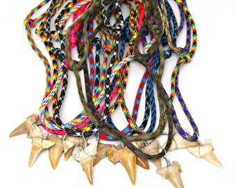 Wholesale Lot Fossil Shark Tooth Necklace Adjustable Paracord Sized for Youth to Adults Choice of 12 Mixed Colors 12 Pieces 7195M