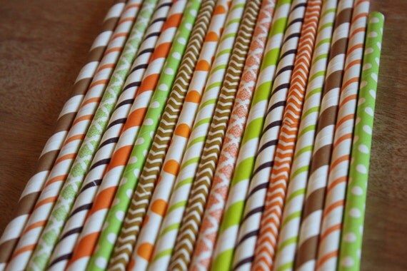 Brown Green Orange Straws, Thanksgiving Theme, Brown Stripes, Lime Green Dots, Orange Chevron, Harvest Gathering, Fall Festival, Thankful Il_570xn