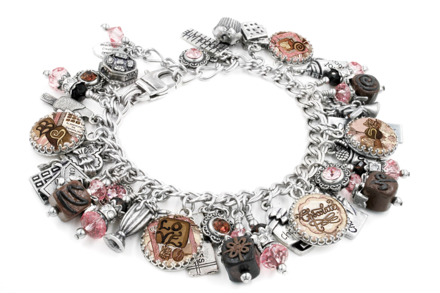 silver charm bracelet, chocolate jewelry, chocolate bracelet, truffles, pink and brown, chocolate jewelry, chocolate charms, swarvoski, jewelry, bracelet, chocolate bracelet