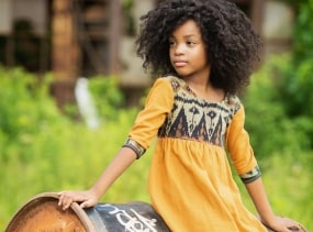 Little Girls Dress In Javanese Ikat Bohemian Style Dress In Honey Mustard 2- 6 - Scarlett