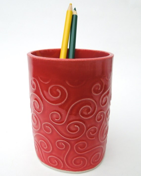 Red Textured Swirl Handmade Ceramic Pottery Pencil Holder Cup