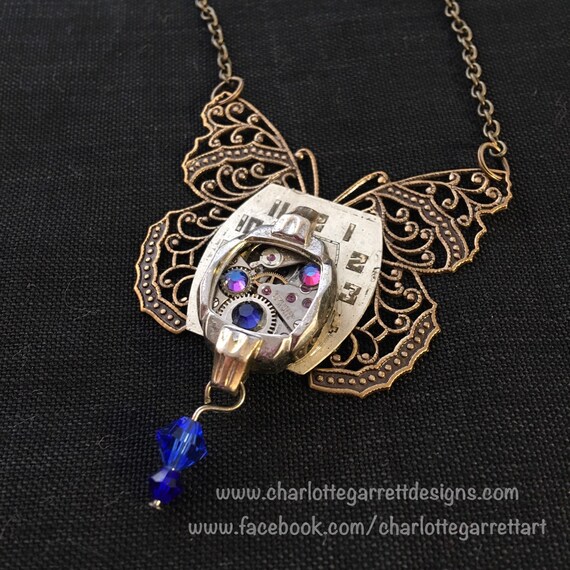 Passion Butterfly watch necklace with gears by CharlotteGarrettArt