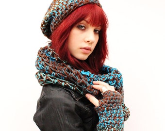 SET WATER Rasta Love Cowl Hood Vegan scarf fingerless gloves slouch hat Teal Turquoise Aqua Brown