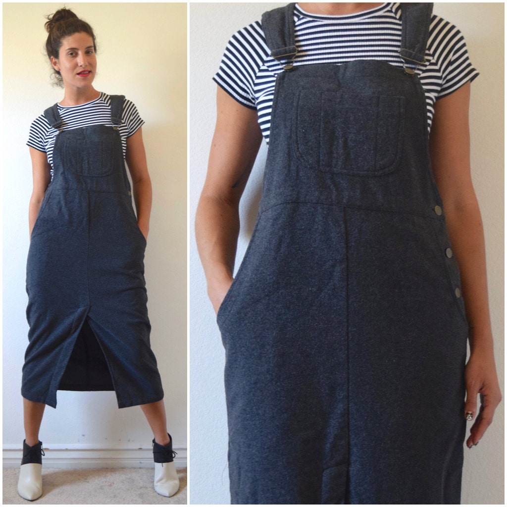 Vintage 80s 90s Grey Wool Midi Length Overall Jumper Dress (size medium ...