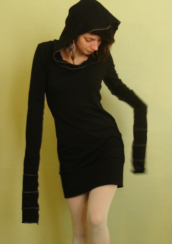 hooded tunic dress/extra long sleeves in BLACK by joclothing