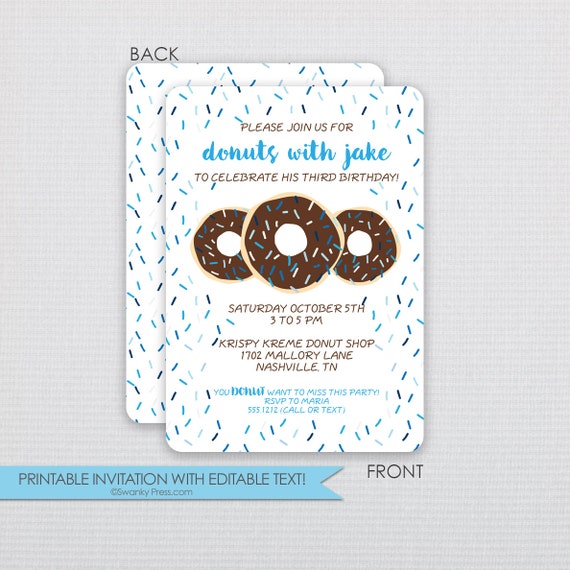 Donut Birthday Party Invitation Blue Brown Chocolate Diy Instant Download Editable Donut Invitation Template
