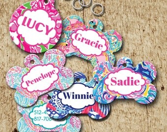 Monogrammed Dog identification tag, lilly inspired designs, preppy id tag, bone shaped dog tag, double sided 12 designs